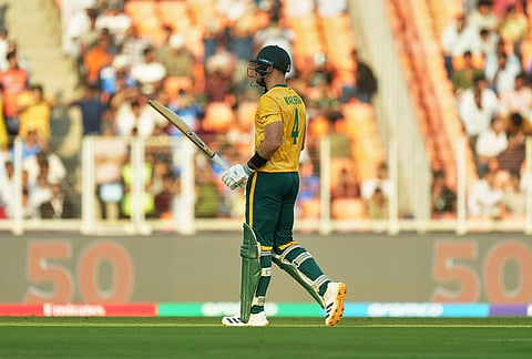 South Africa's captain Aiden Markram celebrates his fifty runs during the T20 World Cup cricket match between South Africa and West Indies in Ahmedabad.