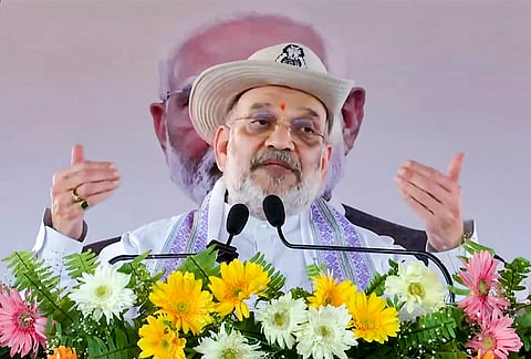 Union Home Minister Amit Shah addresses a gathering during the inauguration of Border Out Posts 'Leti' and 'Indarwa' and e-unveiling and e-foundation laying of various works of the Sashastra Seema Bal (SSB), in Araria, Bihar. 