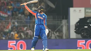 | Photo: AP/Mahesh Kumar A. : India's Abhishek Sharma celebrates his fifty runs during the T20 World Cup cricket match between India and Zimbabwe in Chennai, India, Thursday, Feb. 26, 2026.