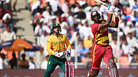 Jason Holder And Romario Shepherd Register Record For Highest Eighth-Wicket Partnership in T20Is icc/x : Jason Holder in action against South Africa in ICC T20 World Cup 2026 Super 8