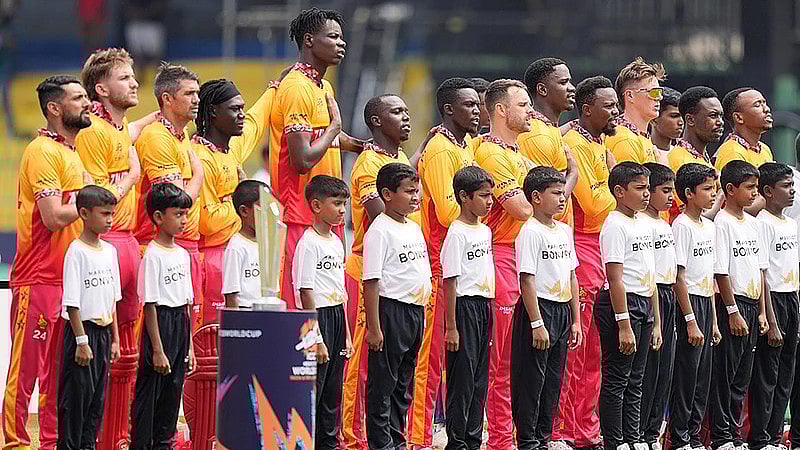 Zimbabwe's players line up for the national anthems before the start of their T20 World Cup match against Australia in Colombo. - AP