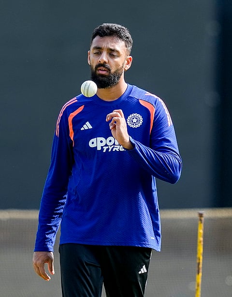 India's Varun Chakaravarthy during a training session ahead of the ICC Men's T20 World Cup 2026 cricket match between India and Zimbabwe, at MA Chidambaram Stadium, in Chennai.