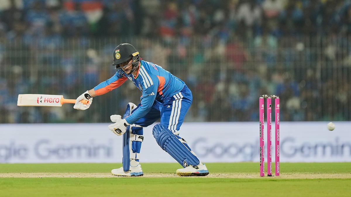 India's Abhishek Sharma plays a shot during the T20 World Cup cricket match between India and Zimbabwe in Chennai, India, Thursday, Feb. 26, 2026 - (AP Photo/Mahesh Kumar A.)