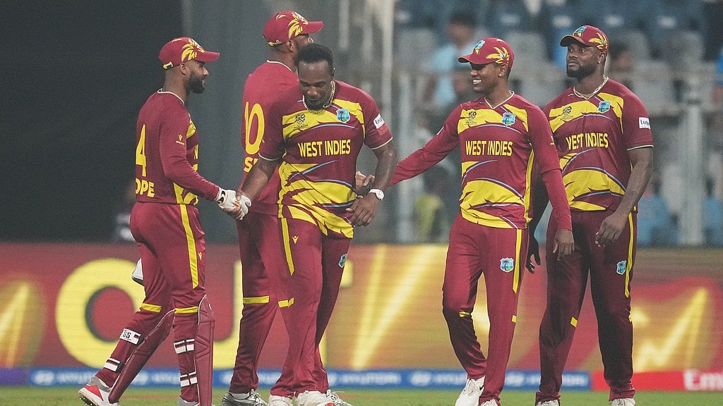 West Indies players celebrate their win over Zimbabwe in the T20 World Cup 2026, Super Eights stage in Mumbai. - Photo: AP