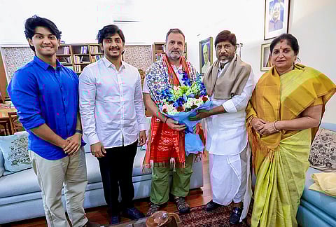 LoP in the Lok Sabha Rahul Gandhi with Telangana Deputy Chief Minister Bhatti Vikramarka Mallu during a meeting. 