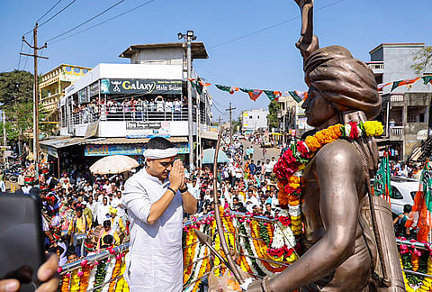 Gujarat Deputy Chief Minister Harsh Sanghavi and others during 'Adivasi Gaurav Abhivadan Samaroh', an event to honour tribal pride, at Dediapada, in Narmada district. 