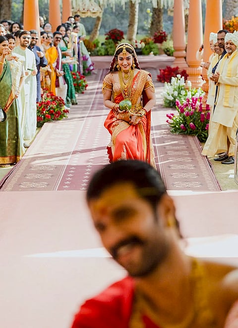 Actor Rashmika Mandanna during her wedding with actor Vijay Deverakonda, on the outskirts of Udaipur, Rajasthan. 