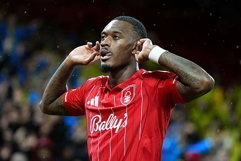 Nottingham Forest's Callum Hudson-Odoi celebrates scoring during the Europa League knockout phase play-off second leg match between Nottingham Forest and Fenerbahce in Nottingham, England.