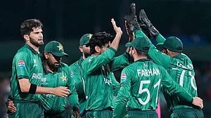 AP : Pakistan's Shaheen Shah Afridi, left, celebrates with teammates the wicket of England's Phil Salt during their T20 World Cup match in Pallekele.