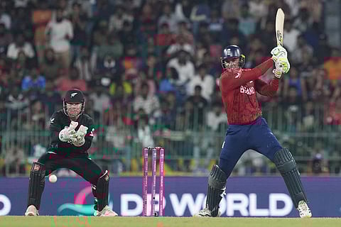 England's Tom Banton plays a shot during the T20 World Cup cricket match between England and New Zealand in Colombo, Sri Lanka.