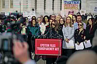 The Stink Of Epstein Demanding Justice: Survivor Haley Robson speaks alongside lawmakers during a news conference on the Epstein Files Transparency Act in Washington DC on November 18, 2025
