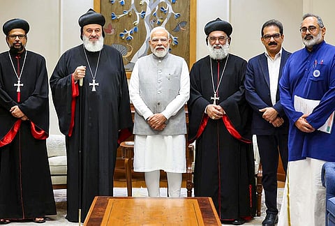 Prime Minister Narendra Modi during a meeting with the Patriarch of Antioch and All The East, and The Supreme Head of the Universal Syriac Orthodox Church Moran Mor Ignatius Aphrem II and others, in New Delhi. 