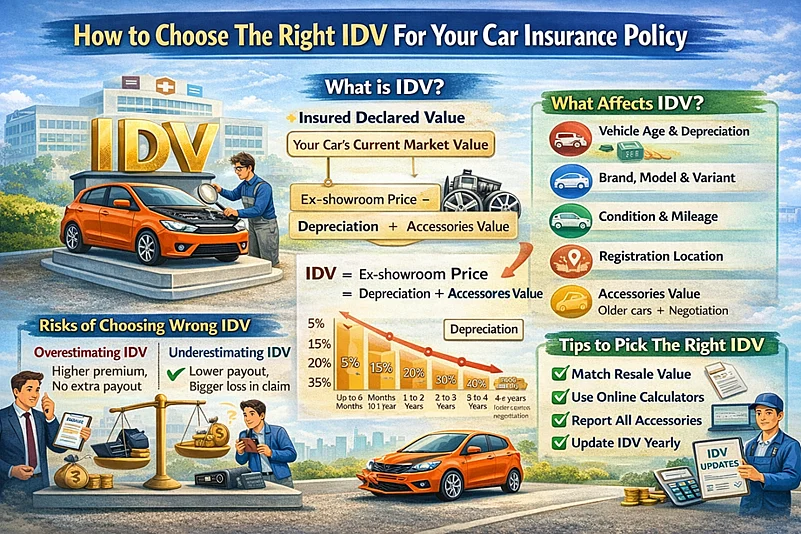 Infographic about Insured Declared Value (IDV) for car insurance with charts and illustrations.