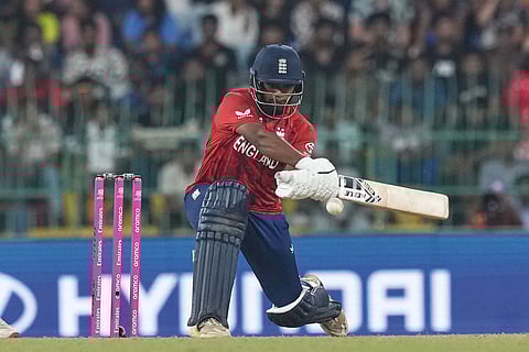 England's Rehan Ahmed plays a shot during the T20 World Cup cricket match between England and New Zealand in Colombo, Sri Lanka.