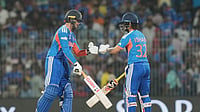 (AP Photo/Mahesh Kumar A.) : India's Abhishek Sharma, left fist bumps his batting partner Ishan Kishan during the T20 World Cup cricket match between India and Zimbabwe in Chennai, India, Thursday, Feb. 26, 2026.
