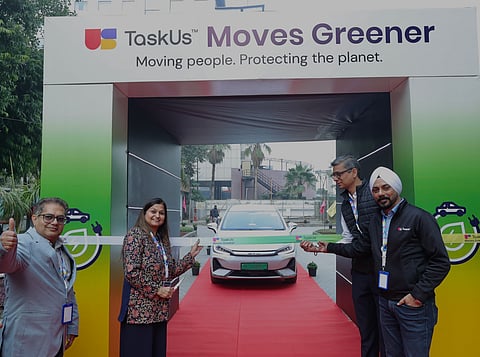 Sapna Bhambani, SVP of Operations and Country Leader, India at TaskUs, unveils the company’s new EV transportation program in Gurugram, advancing greener commutes and reducing carbon emissions