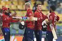 England Vs New Zealand, T20 World Cup: Harry Brook's Men Win, Keep Pakistan's Semi-Final Hopes Alive | Photo: AP/Eranga Jayawardena : England's captain Harry Brook, second from right celebrates with teammates after their win against New Zealand during the T20 World Cup cricket match in Colombo, Sri Lanka.