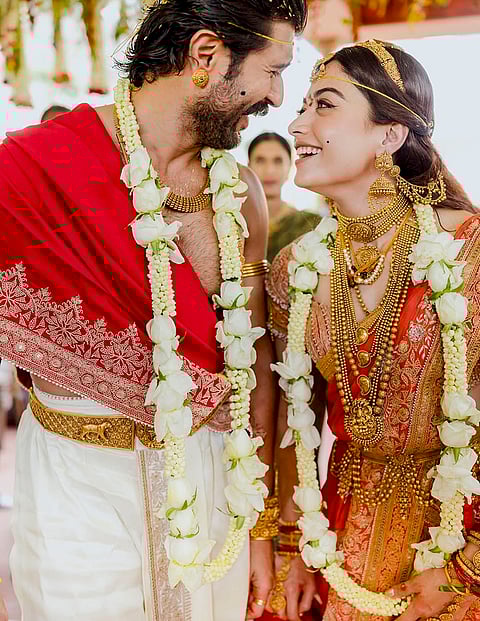 Actors Rashmika Mandanna and Vijay Deverakonda during their wedding ceremony, on the outskirts of Udaipur, Rajasthan.