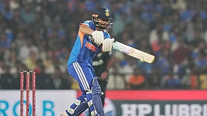 | Photo: AP/Mahesh Kumar A. : India's Rinku Singh bats during the first T20 cricket match between India and New Zealand in Nagpur.