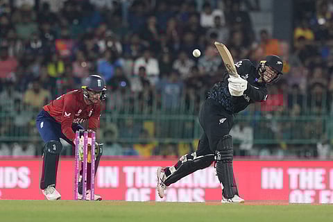 New Zealand's Mark Chapman plays a shot during the T20 World Cup cricket match between England and New Zealand in Colombo, Sri Lanka.