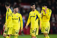 Nottingham Forest Vs Fenerbahce, Europa League 2025-26: Tricky Trees Reach Round Of 16 With 4-2 Aggregate | Photo: Mike Egerton/PA via AP : Fenerbahce's Marco Asensio, second from right, and teammates react after the Europa League knockout phase play-off second leg match between Nottingham Forest and Fenerbahce in Nottingham, England.