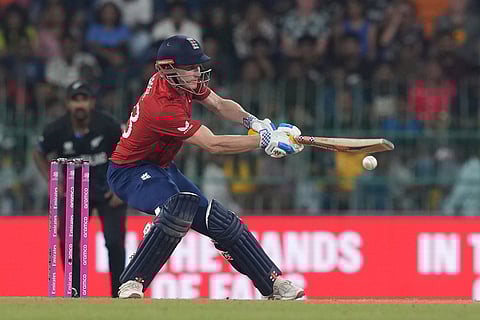 England's captain Harry Brook plays a shot during the T20 World Cup cricket match between England and New Zealand in Colombo, Sri Lanka.