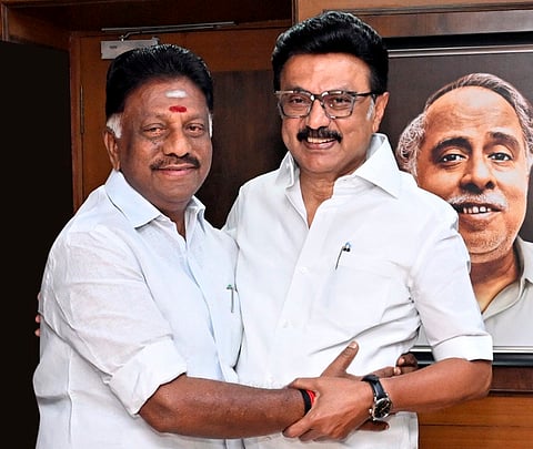 Tamil Nadu Chief Minister M K Stalin, right, welcomes former chief minister O Panneerselvam into the Dravida Munnetra Kazhagam (DMK), in Chennai, Tamil Nadu. 