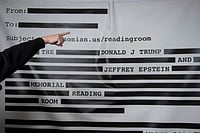 Cliff Owen : An "Epstein Reading Room" studio backdrop is set up at a rebuttal to President Donald Trump's State of the Union hosted by Defiance.org, the Portland Frog Brigade and COURIER at the National Press Club in Washington, Tuesday, Feb. 24, 2026