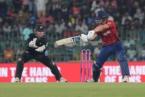 England's Will Jacks plays a shot during the T20 World Cup cricket match between England and New Zealand in Colombo, Sri Lanka.