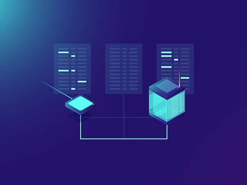 Illustration of server cube connected to device and data panels on blue background