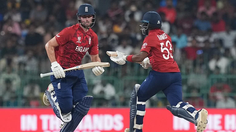 England's Will Jacks, left, and Rehan Ahmed run between the wickets during the T20 World Cup match against New Zealand in Colombo. - AP