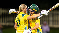cricketcomau/X : Australia cricketer Georgia Voll celebrating her century with teammates during India Women vs Australia Women.