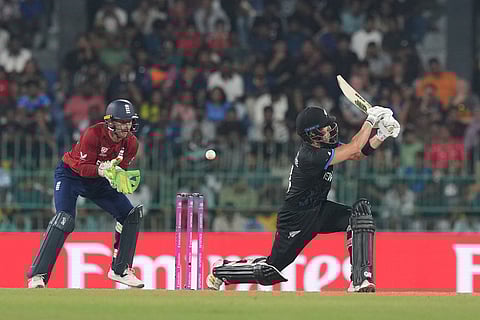 New Zealand's Cole McConchie plays a shot during the T20 World Cup cricket match between England and New Zealand in Colombo, Sri Lanka.