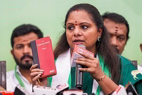 A Delhi court on Friday, Feb. 27, 2026, discharged Telangana Jagruthi President K Kavitha in a liquor policy case, along with AAP national convener Arvind Kejriwal, party leader Manish Sisodia and 20 others. Kavitha addresses a press conference in New Delhi, in this July 8, 2025 file image. 