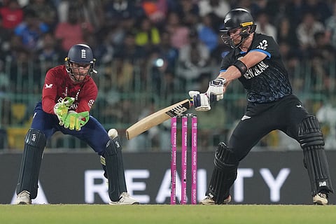 New Zealand's Glenn Phillips plays a shot during the T20 World Cup cricket match between England and New Zealand in Colombo, Sri Lanka.