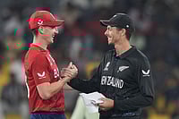 England Vs New Zealand, T20 World Cup Super Eights: See Best Photos From Colombo's R Premadasa Stadium | Photo: AP/Eranga Jayawardena : England's captain Harry Brook, left, and New Zealand's captain Mitchel Santner shake hands before the coin toss of the T20 World Cup cricket match between England and New Zealand in Colombo, Sri Lanka.