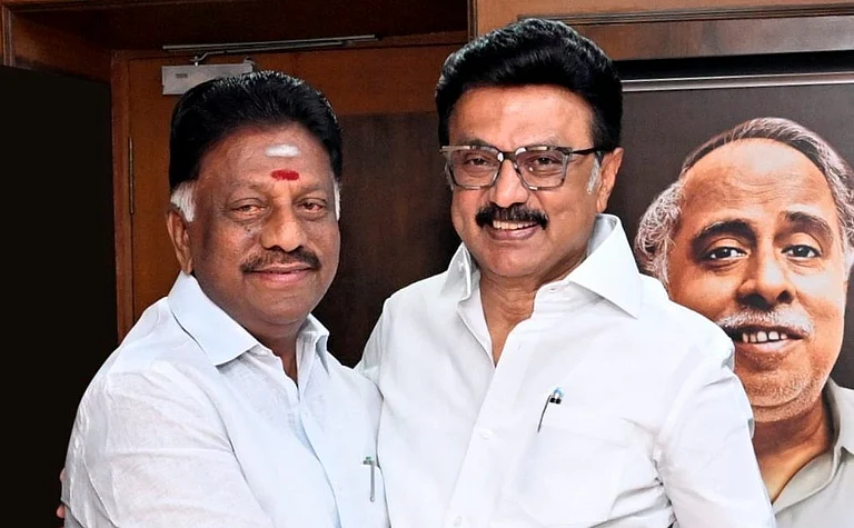 Tamil Nadu Chief Minister M K Stalin, right, welcomes former chief minister O Panneerselvam into the Dravida Munnetra Kazhagam (DMK), in Chennai, Tamil Nadu. - PTI
