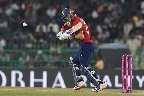 England's Jacob Bethell plays a shot during the T20 World Cup cricket match between England and New Zealand in Colombo, Sri Lanka.
