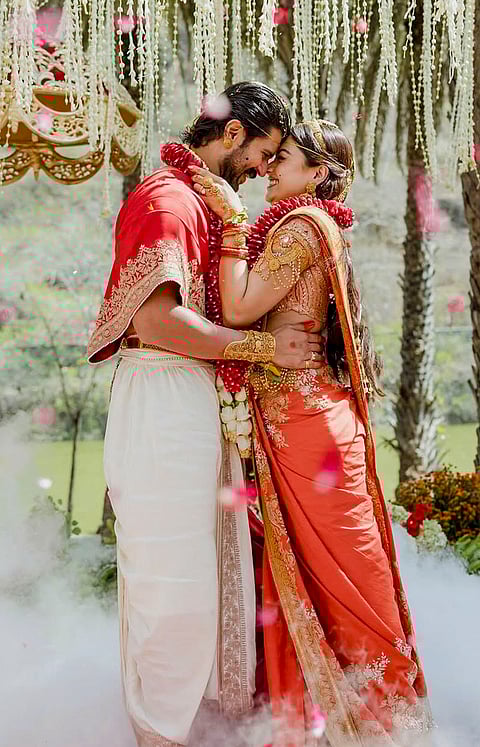 Actors Rashmika Mandanna and Vijay Deverakonda during their wedding ceremony, on the outskirts of Udaipur, Rajasthan. 