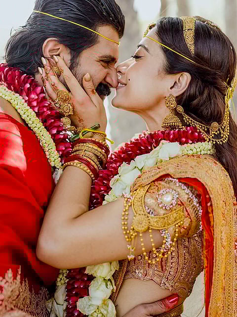 Actors Rashmika Mandanna and Vijay Deverakonda during their wedding ceremony, on the outskirts of Udaipur, Rajasthan. 