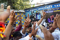 Congress Calls Kejriwal Discharge A ‘Predictable Script’ | Photo: PTI/Karma Bhutia : AAP members celebrate after the party's national convener Arvind Kejriwal and party leader Manish Sisodia were discharged by a Delhi court in a liquor policy case, in New Delhi.