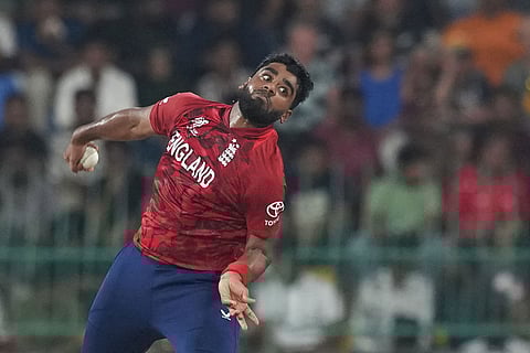 England's Rehan Ahmed bowls a delivery during the T20 World Cup cricket match between England and New Zealand in Colombo, Sri Lanka.