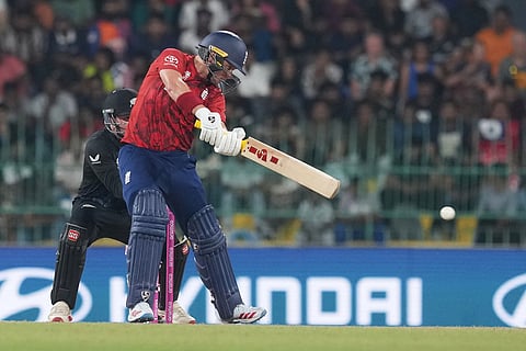 England's Sam Curran plays a shot during the T20 World Cup cricket match between England and New Zealand in Colombo, Sri Lanka.