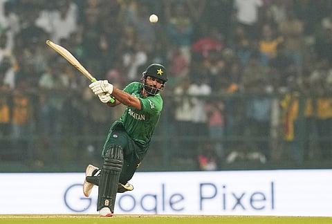 Pakistan's Fakhar Zaman plays a shot during the T20 World Cup cricket match between Pakistan and Sri Lanka in Pallekele, Sri Lanka.