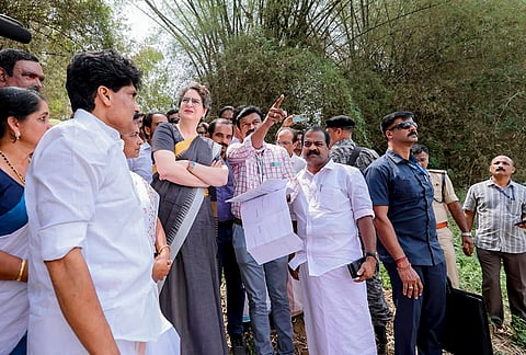 Congress MP Priyanka Gandhi Vadra during a visit at the proposed Byrakuppa Bridge site at Perikkallur, Sultan Bathery, in Wayanad, Kerala. 