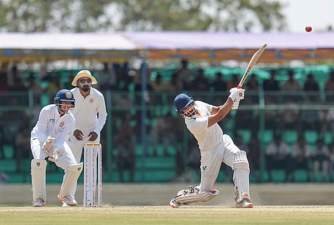 Jammu and Kashmir's Sahil Lotra plays a shot on day five of the Ranji Trophy 2025-26 final cricket match between Karnataka and Jammu and Kashmir, at KSCA Cricket Stadium, in Hubballi, Dharwad district.