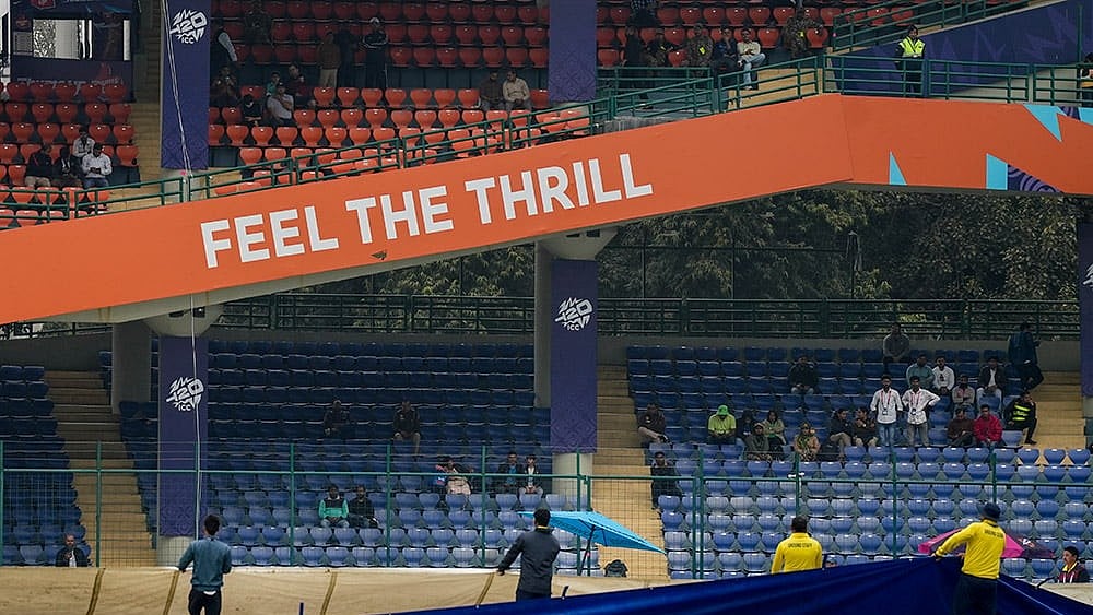 Groundsmen remove covers from the field before the start of the ICC Men's T20 World Cup 2026 cricket match between South Africa and UAE, at Arun Jaitley Stadium, in New Delhi. - Photo: PTI/Salman Ali