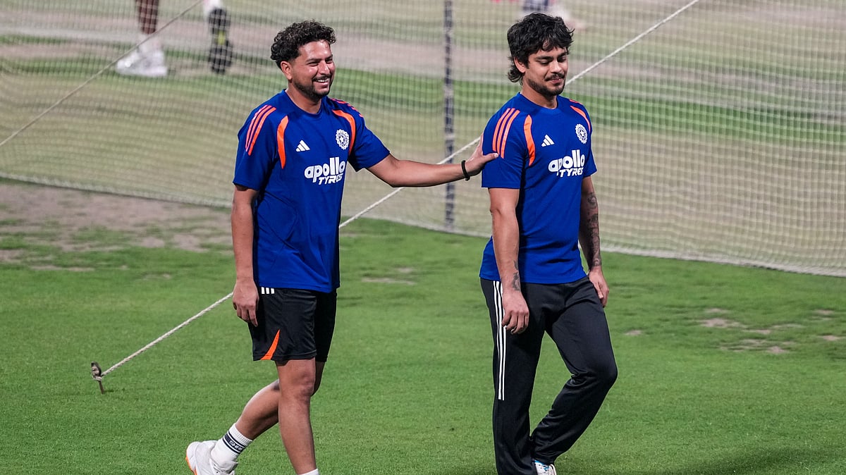 India's Kuldeep Yadav, left, and Ishan Kishan during a practice session ahead of their ICC T20 World Cup 2026 match against West Indies at the Eden Gardens in Kolkata. - PTI