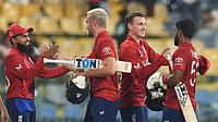 England Vs New Zealand, T20 World Cup 2026: Who Won Yesterday's ENG Vs NZ Super 8 Match? | Photo: AP/Eranga Jayawardena : England's captain Harry Brook, second from right celebrates with teammates after their win against New Zealand during the T20 World Cup cricket match in Colombo, Sri Lanka.