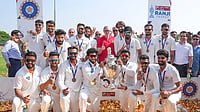 Jammu And Kashmir Become Ranji Trophy Champions: CM Omar Abdullah Announces INR 2 Crore Reward For Historic Feat | Photo: PTI/Shailendra Bhojak : Jammu and Kashmir Chief Minister Omar Abdullah poses with players during the felicitation ceremony after the team's victory in the Ranji Trophy 2025-26 final cricket match against Karnataka, at KSCA Stadium, in Hubballi, Karnataka.